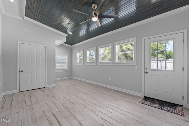 301 Williamson St, Burlington, NC 27215 - entrance foyer with crown molding, a ceiling fan, wood ceiling, and light wood-style flooring