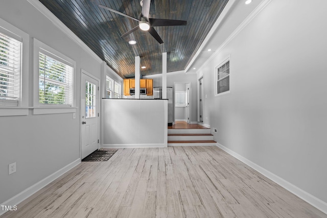 301 Williamson St, Burlington, NC 27215 - entryway featuring crown molding, light wood-style floors, a ceiling fan, wood ceiling, and recessed lighting