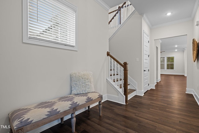 3053 Roy Ct, Apex, NC 27523 - hallway featuring wood finished floors, ornamental molding, stairs, and recessed lighting