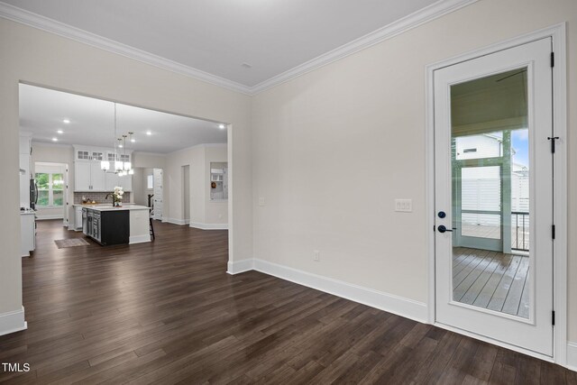 3053 Roy Ct, Apex, NC 27523 - unfurnished living room featuring dark wood-style floors, a chandelier, ornamental molding, and recessed lighting