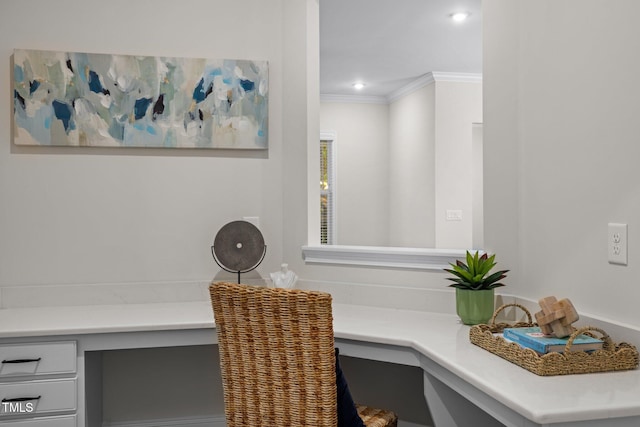 3053 Roy Ct, Apex, NC 27523 - office space with built in study area, ornamental molding, and recessed lighting