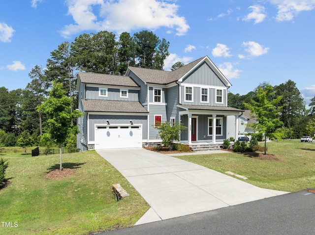 3053 Roy Ct, Apex, NC 27523 - view of front of property with board and batten siding, a porch, concrete driveway, a front yard, and a garage