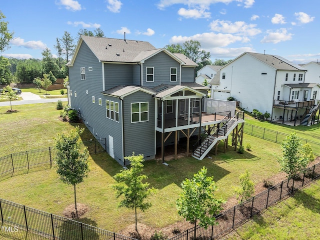 3053 Roy Ct, Apex, NC 27523 - back of property with stairs, a wooden deck, a fenced backyard, a sunroom, and a residential view