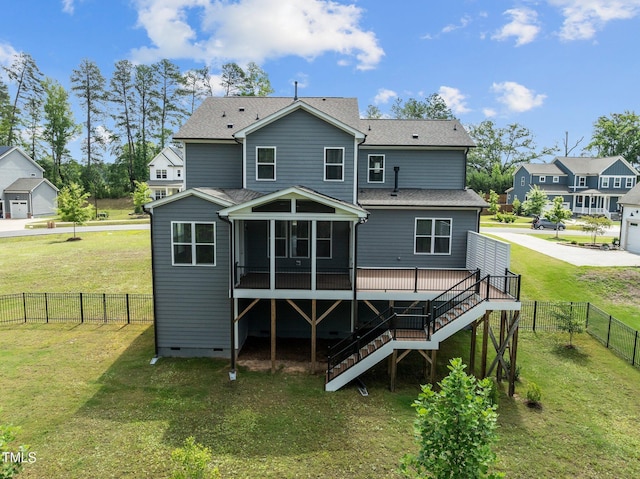 3053 Roy Ct, Apex, NC 27523 - rear view of house featuring stairs, crawl space, a fenced backyard, a wooden deck, and a sunroom