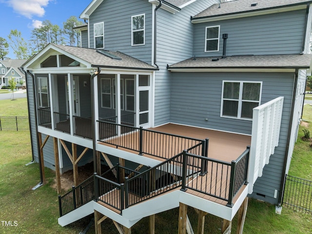 3053 Roy Ct, Apex, NC 27523 - back of house with a sunroom, a shingled roof, a deck, and stairway