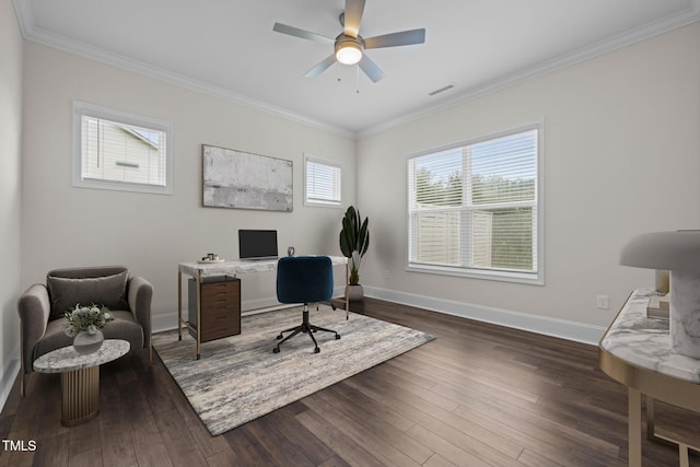 3053 Roy Ct, Apex, NC 27523 - office area featuring crown molding, dark wood-type flooring, and ceiling fan