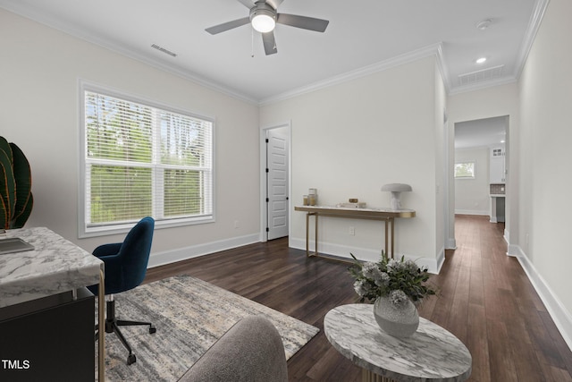 3053 Roy Ct, Apex, NC 27523 - home office featuring wood finished floors, ornamental molding, a ceiling fan, and recessed lighting