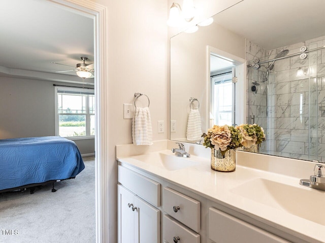 286 Beaver Tavern Dr, Benson, NC 27504 - ensuite bathroom with double vanity, tiled shower, and ceiling fan