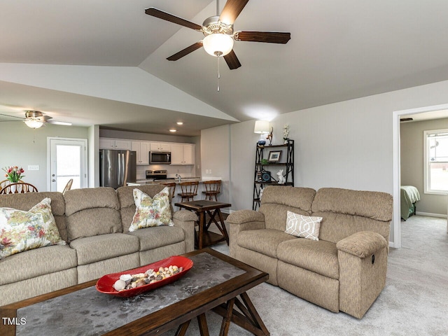286 Beaver Tavern Dr, Benson, NC 27504 - living room with a ceiling fan, vaulted ceiling, and light carpet