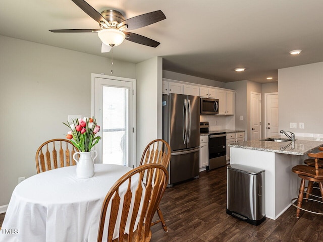 286 Beaver Tavern Dr, Benson, NC 27504 - kitchen featuring stainless steel appliances, a sink, white cabinets, dark wood finished floors, and light stone counters