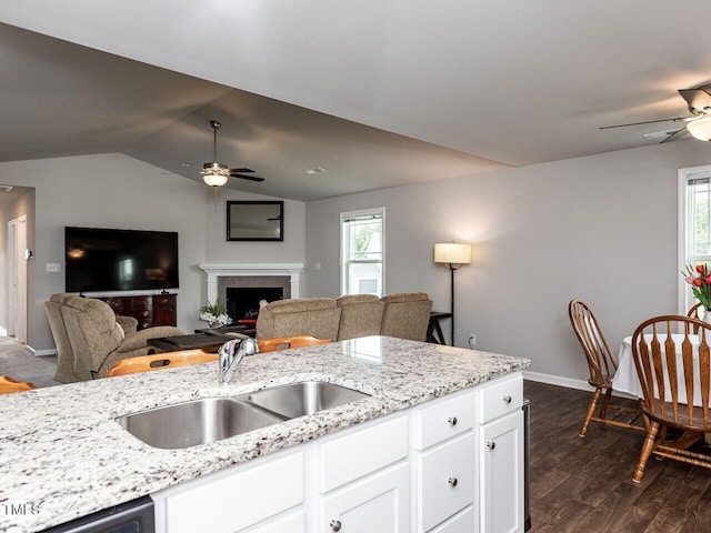 286 Beaver Tavern Dr, Benson, NC 27504 - kitchen featuring ceiling fan, a sink, light stone counters, dark wood-style flooring, and vaulted ceiling