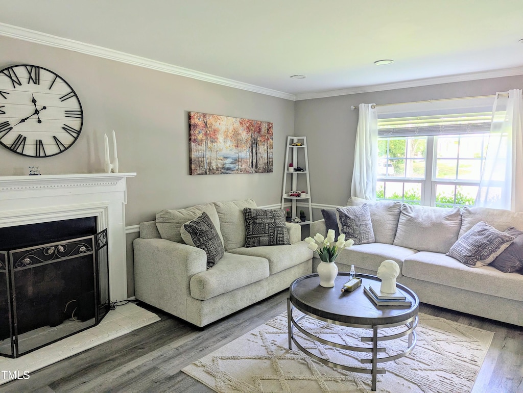 8116 Bentwood Pl, Raleigh, NC 27615 - living room featuring wood finished floors, crown molding, and a fireplace