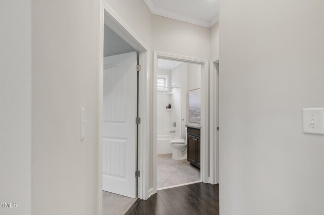 118 Manning Way, Durham, NC 27703 - hall featuring dark wood-style floors and ornamental molding