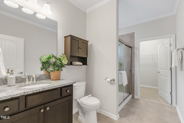 118 Manning Way, Durham, NC 27703 - bathroom with vanity, a stall shower, crown molding, a spacious closet, and toilet