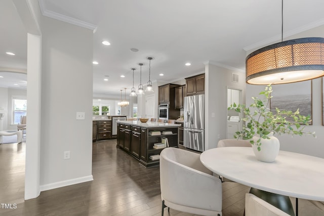118 Manning Way, Durham, NC 27703 - dining area with dark wood finished floors, crown molding, recessed lighting, and baseboards