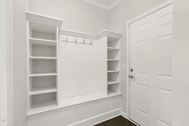 118 Manning Way, Durham, NC 27703 - mudroom with crown molding, dark wood-type flooring, and baseboards