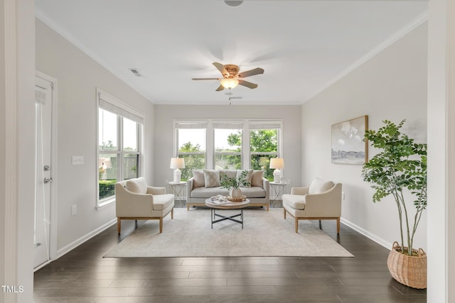 118 Manning Way, Durham, NC 27703 - living area with a ceiling fan, plenty of natural light, dark wood-style flooring, baseboards, and ornamental molding