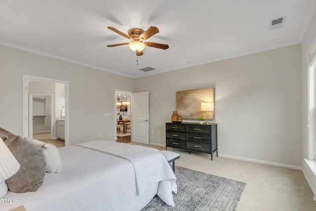 118 Manning Way, Durham, NC 27703 - bedroom featuring crown molding, light colored carpet, baseboards, ceiling fan, and ensuite bath