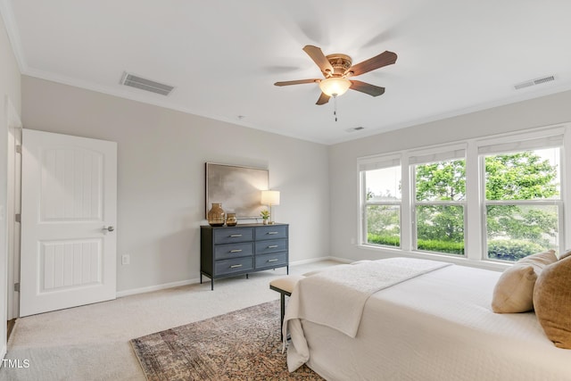 118 Manning Way, Durham, NC 27703 - bedroom featuring light colored carpet, ornamental molding, baseboards, and a ceiling fan