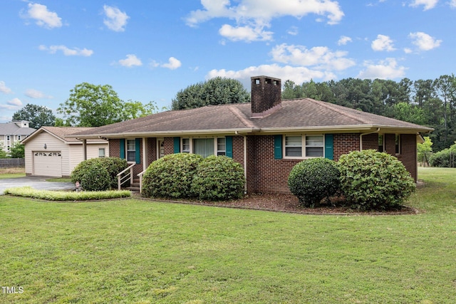 4804 Spring Forest Rd, Raleigh, NC 27616 - ranch-style home with driveway, a front yard, a chimney, an attached garage, and brick siding