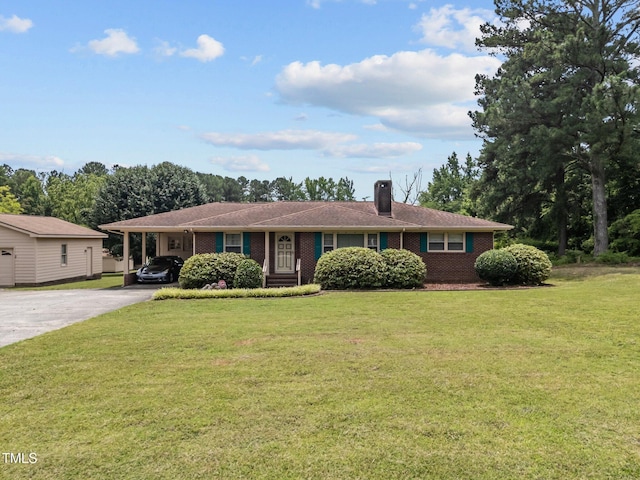 4804 Spring Forest Rd, Raleigh, NC 27616 - ranch-style house featuring driveway, a front yard, brick siding, and a chimney