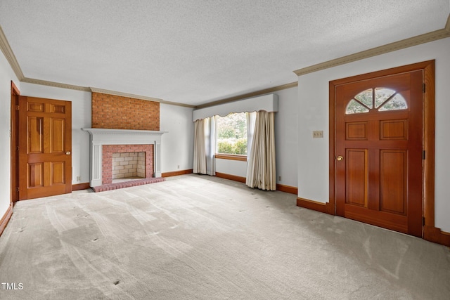 4804 Spring Forest Rd, Raleigh, NC 27616 - entryway featuring ornamental molding, a textured ceiling, light carpet, and a brick fireplace