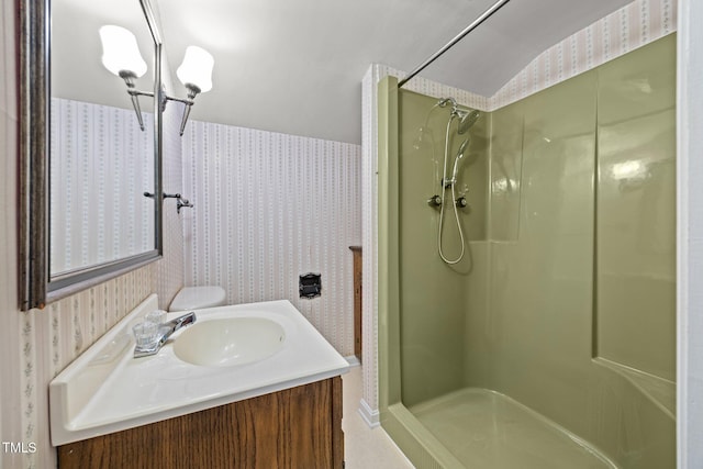 4804 Spring Forest Rd, Raleigh, NC 27616 - full bath with wallpapered walls, a shower stall, vanity, and a chandelier