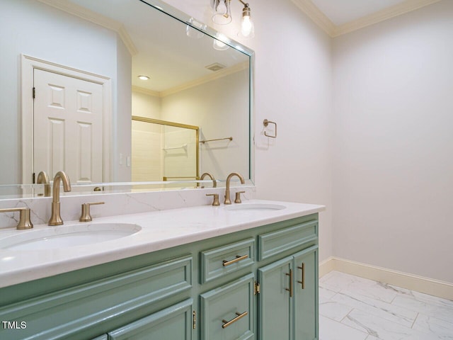 3339 Ridgecrest Ct, Raleigh, NC 27607 - bathroom featuring double vanity, marble look tile flooring, crown molding, a shower with shower door, and recessed lighting