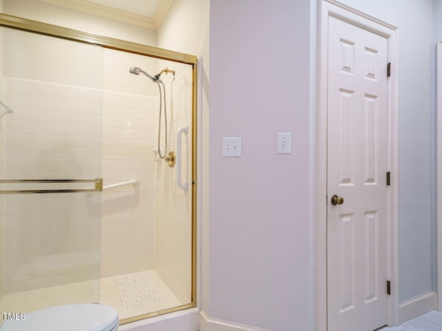 3339 Ridgecrest Ct, Raleigh, NC 27607 - bathroom featuring a shower stall and ornamental molding