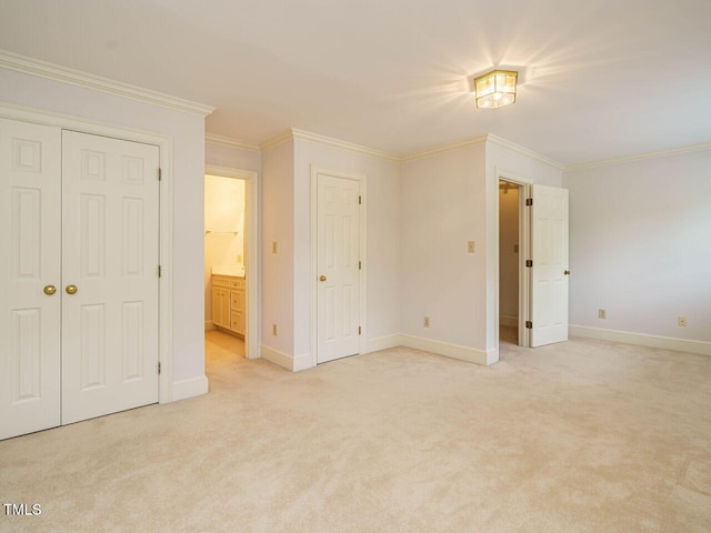 3339 Ridgecrest Ct, Raleigh, NC 27607 - unfurnished bedroom featuring light carpet, crown molding, and connected bathroom