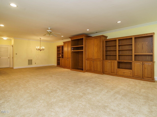 3339 Ridgecrest Ct, Raleigh, NC 27607 - unfurnished living room featuring crown molding, a ceiling fan, a chandelier, recessed lighting, and light colored carpet