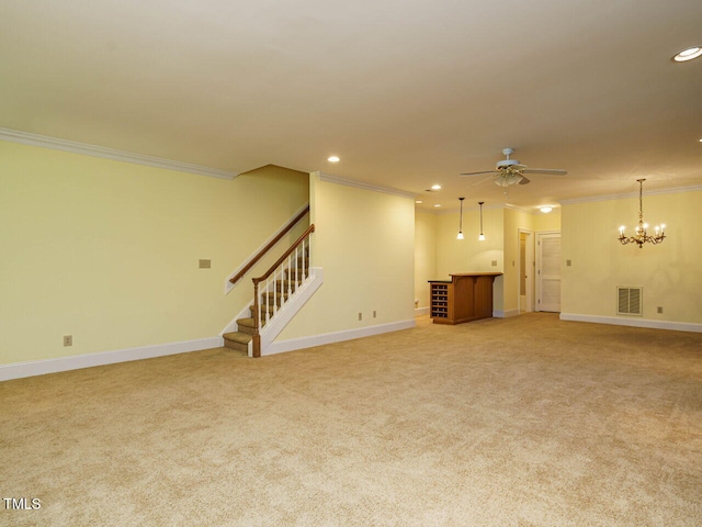 3339 Ridgecrest Ct, Raleigh, NC 27607 - unfurnished living room featuring ornamental molding, a ceiling fan, recessed lighting, stairs, and light colored carpet