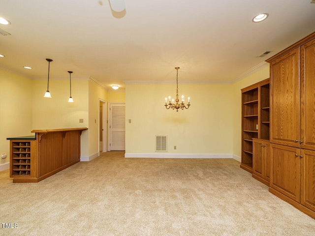 3339 Ridgecrest Ct, Raleigh, NC 27607 - unfurnished living room featuring light colored carpet, ornamental molding, a dry bar, recessed lighting, and a chandelier