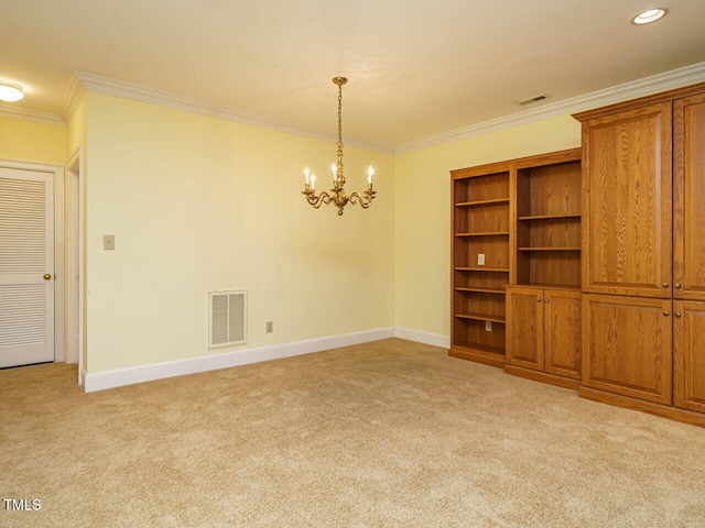3339 Ridgecrest Ct, Raleigh, NC 27607 - unfurnished room with ornamental molding, light colored carpet, and a chandelier