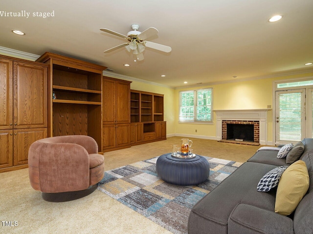 3339 Ridgecrest Ct, Raleigh, NC 27607 - living area featuring recessed lighting, light carpet, crown molding, ceiling fan, and a fireplace