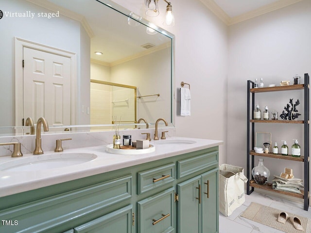 3339 Ridgecrest Ct, Raleigh, NC 27607 - full bathroom featuring double vanity, a shower with shower door, and crown molding