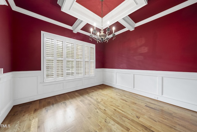 1210 Brooks Ave, Raleigh, NC 27607 - empty room with beamed ceiling, a chandelier, wainscoting, coffered ceiling, and wood finished floors