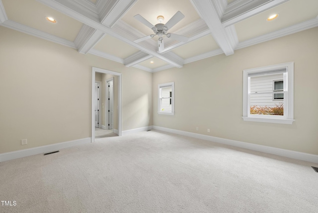 1210 Brooks Ave, Raleigh, NC 27607 - spare room featuring coffered ceiling, a ceiling fan, beamed ceiling, light colored carpet, and baseboards