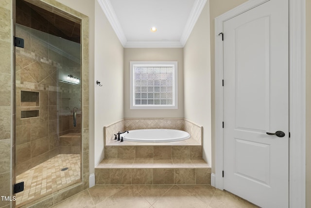 1210 Brooks Ave, Raleigh, NC 27607 - full bath with a bath, ornamental molding, a shower stall, and tile patterned floors
