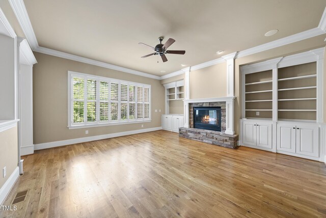 1210 Brooks Ave, Raleigh, NC 27607 - unfurnished living room with a ceiling fan, baseboards, ornamental molding, wood finished floors, and a fireplace