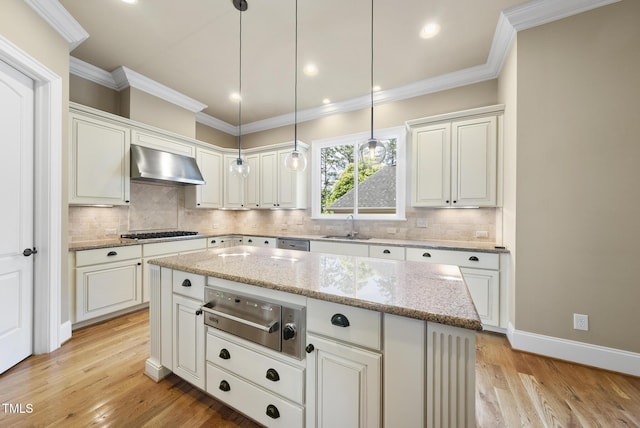 1210 Brooks Ave, Raleigh, NC 27607 - kitchen with ventilation hood, gas stovetop, a warming drawer, a sink, and crown molding