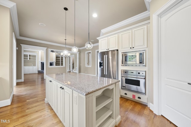 1210 Brooks Ave, Raleigh, NC 27607 - kitchen with stainless steel appliances, open shelves, crown molding, a kitchen island, and light wood-style floors