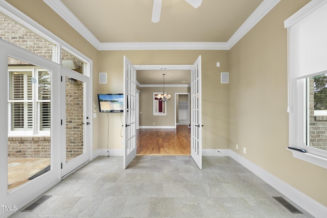 1210 Brooks Ave, Raleigh, NC 27607 - unfurnished sunroom featuring french doors and a chandelier