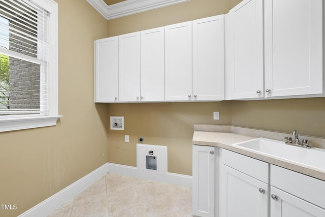 1210 Brooks Ave, Raleigh, NC 27607 - laundry area featuring cabinet space, hookup for an electric dryer, hookup for a washing machine, ornamental molding, and baseboards