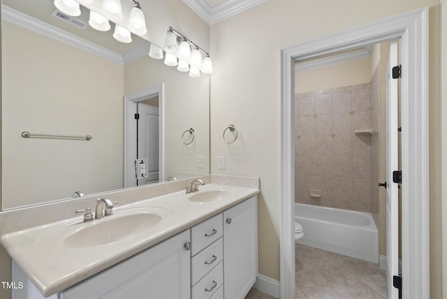 1210 Brooks Ave, Raleigh, NC 27607 - bathroom featuring toilet, double vanity, ornamental molding, tile patterned floors, and shower / bathtub combination