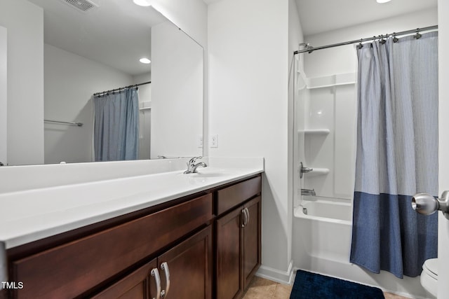 1728 Shady Oaks Dr, Wendell, NC 27591 - bathroom featuring vanity, shower / bath combination with curtain, tile patterned flooring, baseboards, and recessed lighting