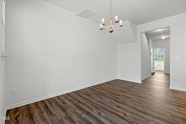1728 Shady Oaks Dr, Wendell, NC 27591 - unfurnished dining area with ornamental molding, dark wood finished floors, a chandelier, and baseboards