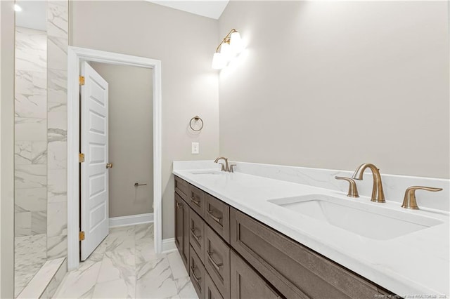 16661 Forest Fern Ct, Wagram, NC 28396 - full bathroom featuring marble finish flooring, a marble finish shower, and double vanity