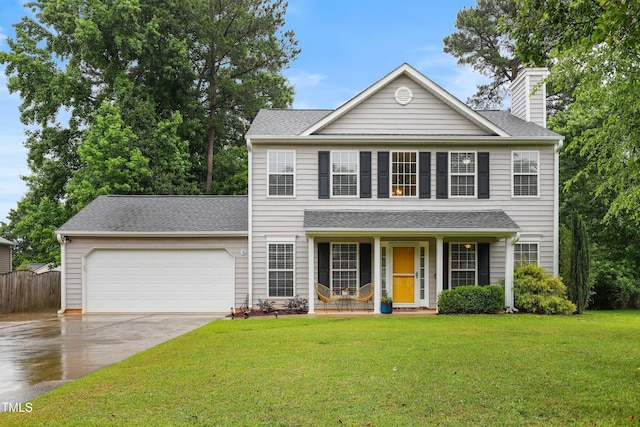 202 Stonecreek Dr, Apex, NC 27539 - view of front of home featuring covered porch, driveway, an attached garage, a chimney, and a shingled roof