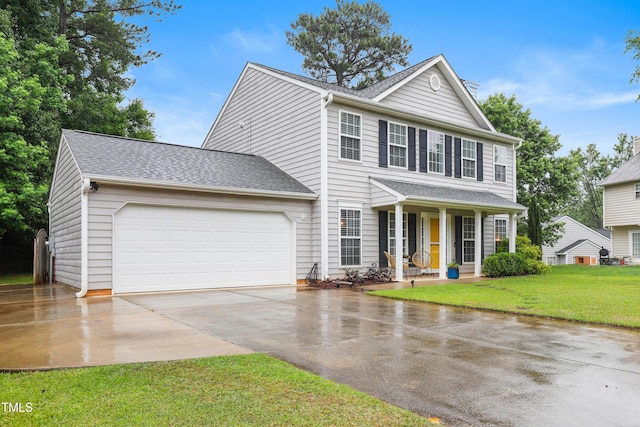 202 Stonecreek Dr, Apex, NC 27539 - view of front facade featuring concrete driveway, a porch, an attached garage, a front yard, and roof with shingles
